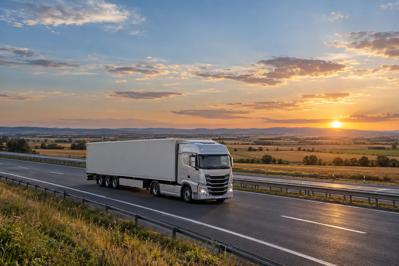 Camión en una autopista entre llanuras al atardecer